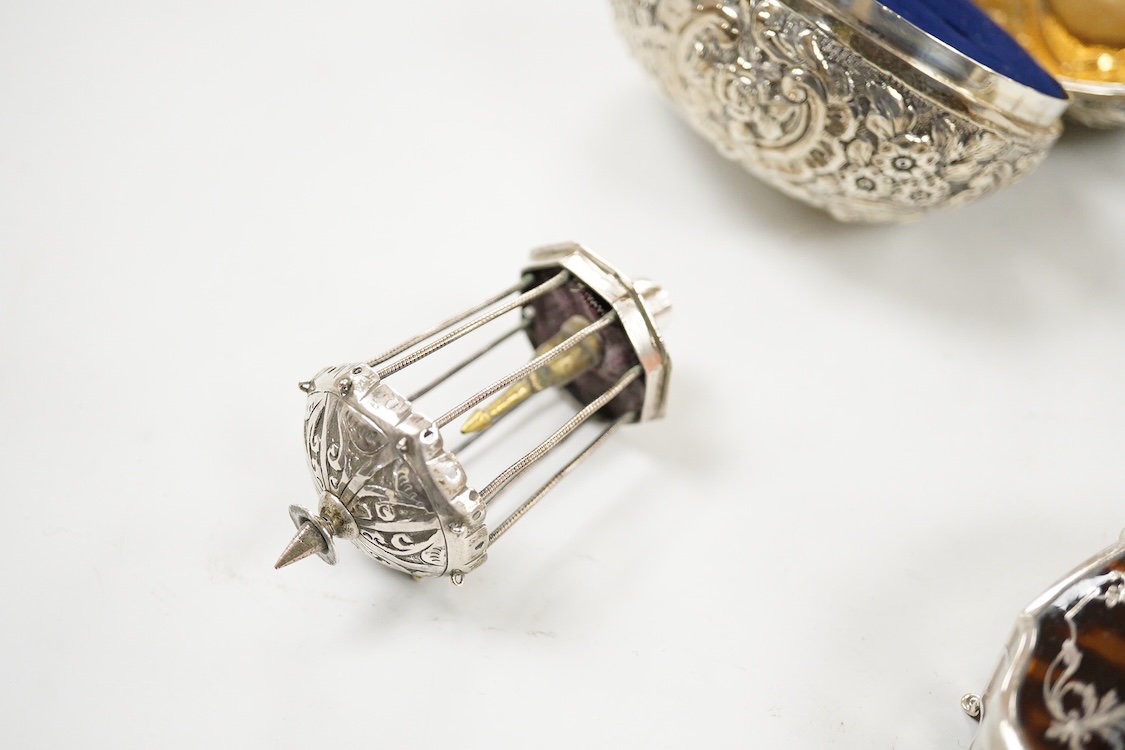 A George V engraved silver rectangular tea caddy, by Nathan & Hayes, Chester, 1913, 81mm, together with an Edwardian repousse silver mounted ring box by Nathan & Hayes, Chester, 1905, a Scottish silver and tortoiseshell